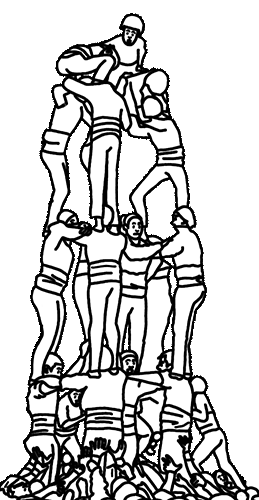 Illustrazione disegnata a mano di castellers sovrapposti sulla mappa della Spagna da colorare per formare una torre umana.
