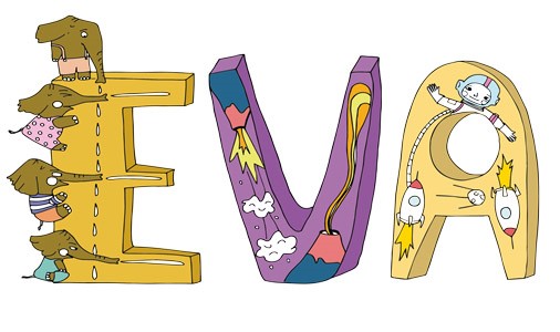 letras que forman el nombre de la niña EVA creada con recortes de las letras del poster o pdf.