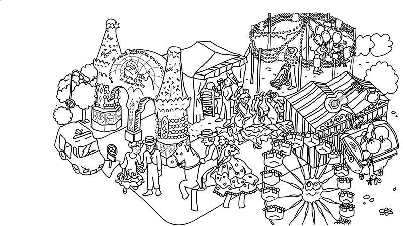 Illustrazione della fiera di Siviglia che raffigura persone vestite di flamenco tra le tende della fiera e persone che ballano il flamenco.