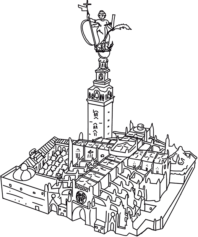 Illustrazione della Giralda di Siviglia con il Giraldillo in cima alla torre.