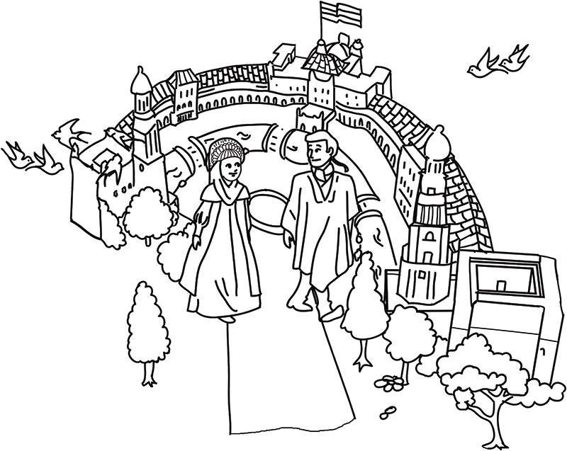 Illustrazione di Plaza de España a Siviglia che raffigura i personaggi di Star Wars che hanno girato un film lì.