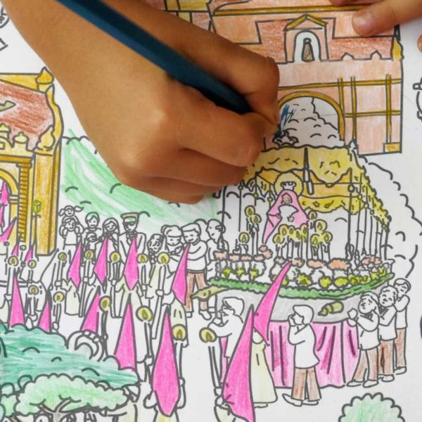 dettaglio della settimana santa di Siviglia e di uno dei pasos della mappa di Siviglia da colorare di Pinta y Pinto