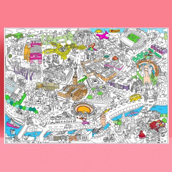 mappa completa di Siviglia da colorare con varie parti dipinte su sfondo rosa.