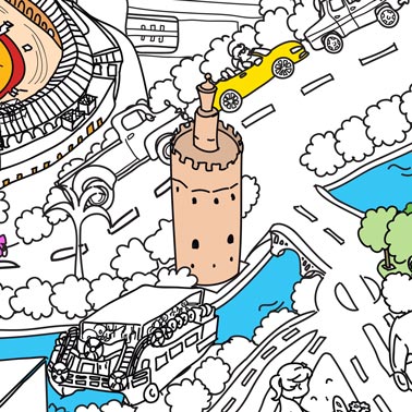 Illustrazione a colori della Torre del Oro di Siviglia, sulle rive del fiume Guadalquivir.