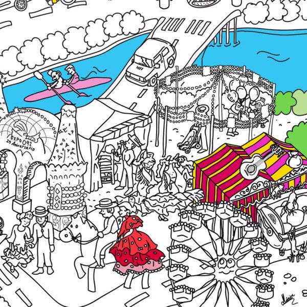 particolare della fiera di aprile colorata nella mappa da colorare di Siviglia di Pinta Pinto