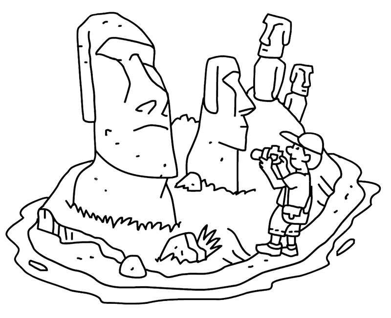 Un ragazzo fotografa le statue Moai dell'Isola di Pasqua riflesse sulla mappa delle meraviglie del mondo.