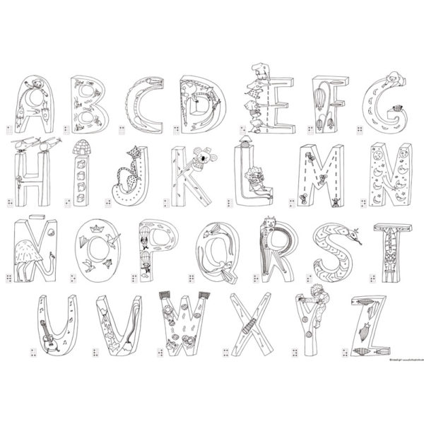 Imagen que muestra el abecedario para colorear Mega ABC de Pinta y Pinto en blanco y negro sin colorear