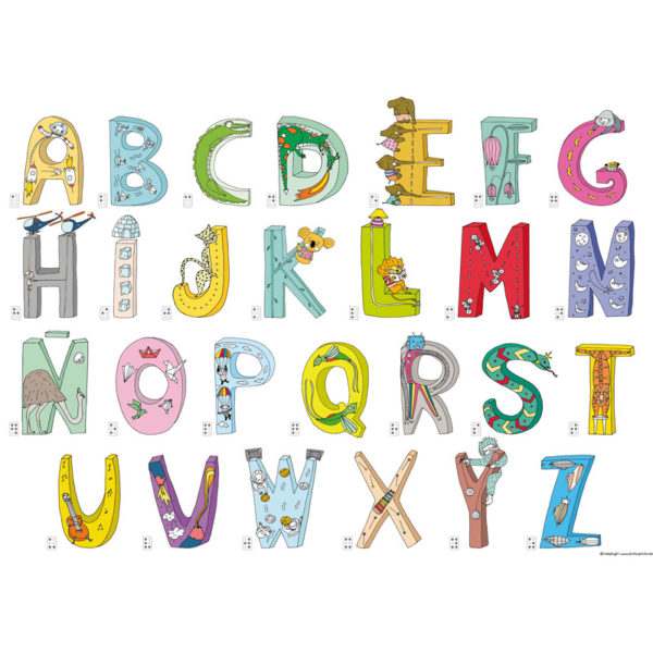 Imagen que muestra ya coloreado el abecedario gigante para colorear Mega ABC de Pinta y Pinto.