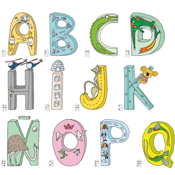 Imagen que representa 12 letras ya coloreadas del abecedario gigante para colorear Mega ABc de Pinta y Pinto