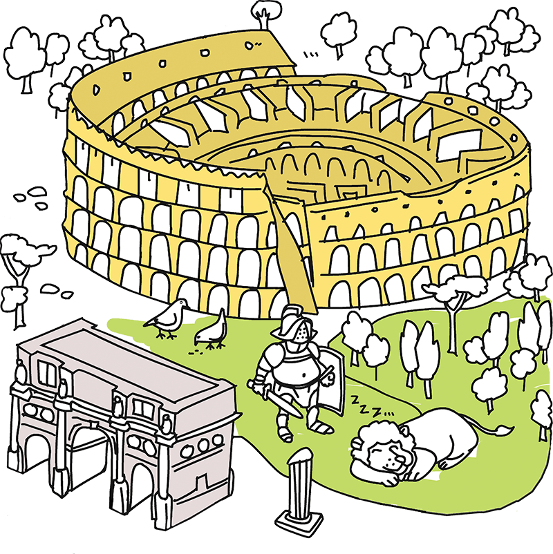 Illustrazione del Colosseo di Roma in giallo con un gladiatore.