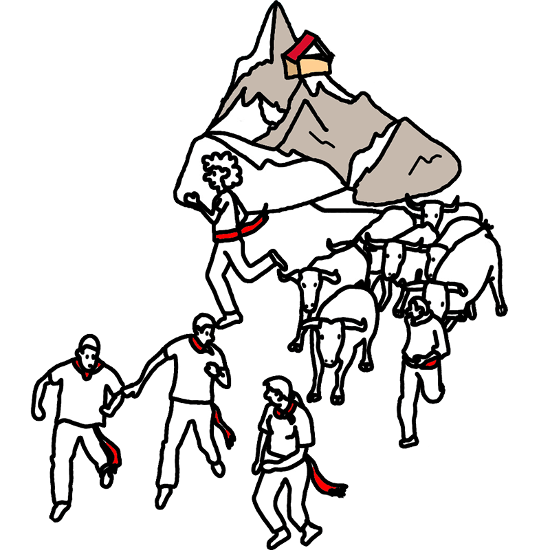 Illustrazione di San Fermines, dove alcuni ragazzi corrono davanti ai tori a Pamplona.