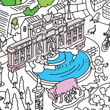 Illustrazione della Fontana di Trevi con un bambino che getta una moneta nella fontana.