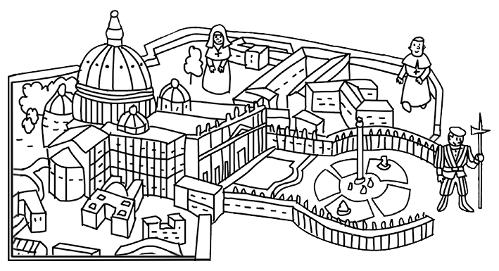 Illustrazione del Vaticano con Piazza San Pietro e la Basilica.