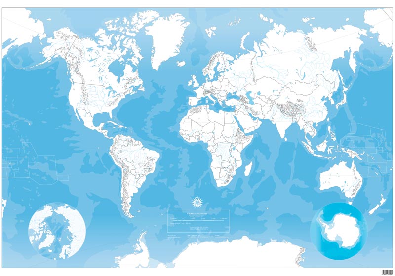 mappa muta del mondo con confini dei paesi, catene montuose e fiumi.