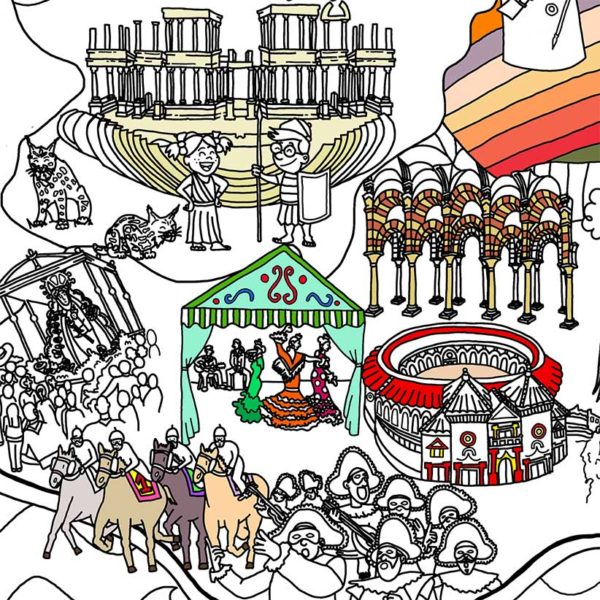 Andalusia sulla mappa della Spagna da colorare, come la Moschea di Cordoba, la Settimana Santa, le Sevillanas