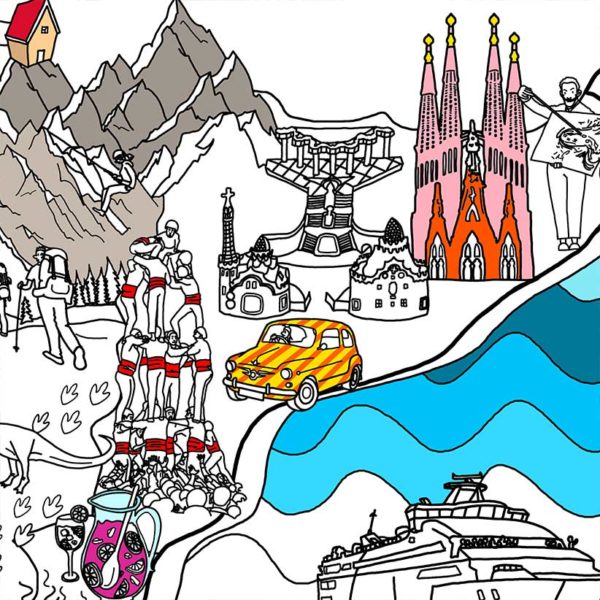 Catalogna sulla mappa della Spagna da colorare, come la Sagrada Familia e il Parco Güell.