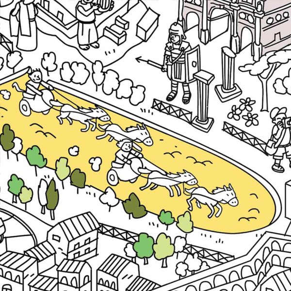 Illustrazione di una corsa di bighe nel Circo Massimo a Roma.