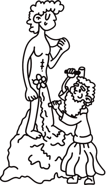 Illustrazione di Michelangelo che scolpisce la sua famosa statua del David.