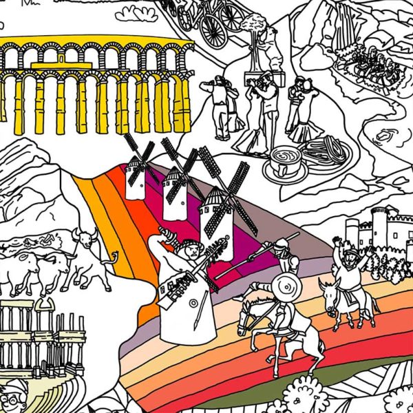 dettaglio di Don Chisciotte e Sancio sulla mappa della Spagna da colorare