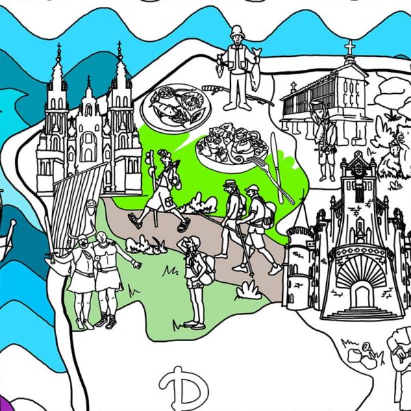 Galizia sulla mappa della Spagna da colorare, come la cattedrale di Santiago, i pellegrini, i frutti di mare.