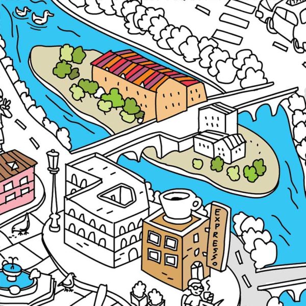 Particolare dell'Isola Tiberina e di Trastevere dalla mappa di Roma da colorare di Pinta y Pinto.