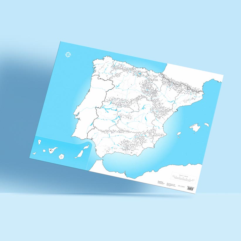 Mappa della Spagna con catene montuose e fiumi su sfondo azzurro
