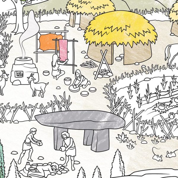 Il Neolitico con le prime case e l'agricoltura è una mappa dei colori della Preistoria di Pinta y Pinto.