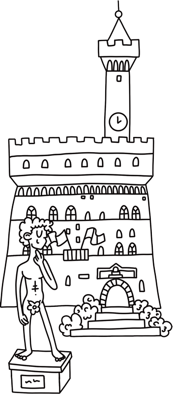 Illustrazione di Palazzo Vecchio con la statua del David sulla mappa da colorare di Firenze.