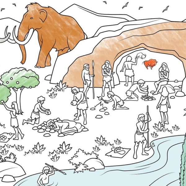 Il Paleolitico con pitture rupestri, sepolture e mammut sulla mappa preistorica da colorare di Pinta y Pinto.