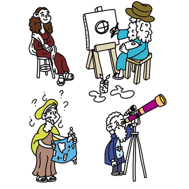 illustrazione di personaggi importanti sulla mappa di Firenze, come Leonardo da Vinci che dipinge la Gioconda, Galileo e Amerigo Vespucci.