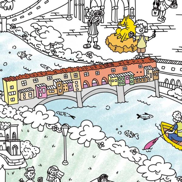 Ponte Vecchio sul fiume Arno raffigurato nella mappa da colorare di Firenze