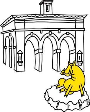 Illustrazione del Porcellino nel mercato di Firenze.