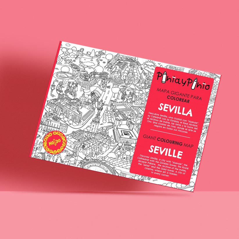 Immagine della mappa di Siviglia da colorare Pinta y Pinto su sfondo rosa