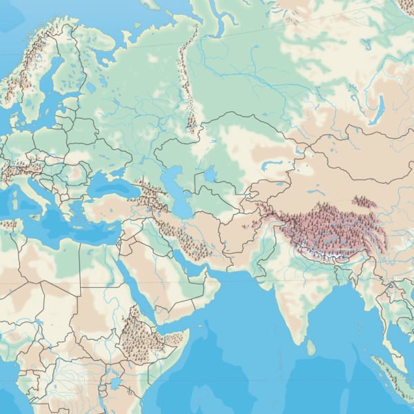 carta della vegetazione e dei rilievi dell'Asia e di parte dell'Europa