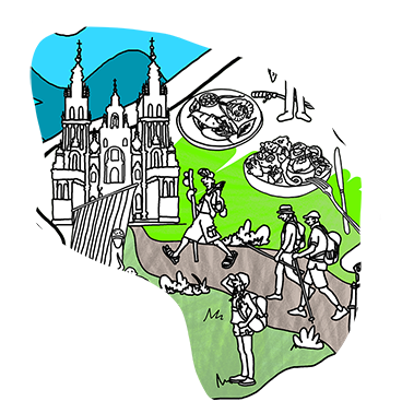 Illustrazione che raffigura quattro pellegrini che percorrono il Cammino di Santiago con lo zaino in spalla sulla mappa della Spagna da colorare.
