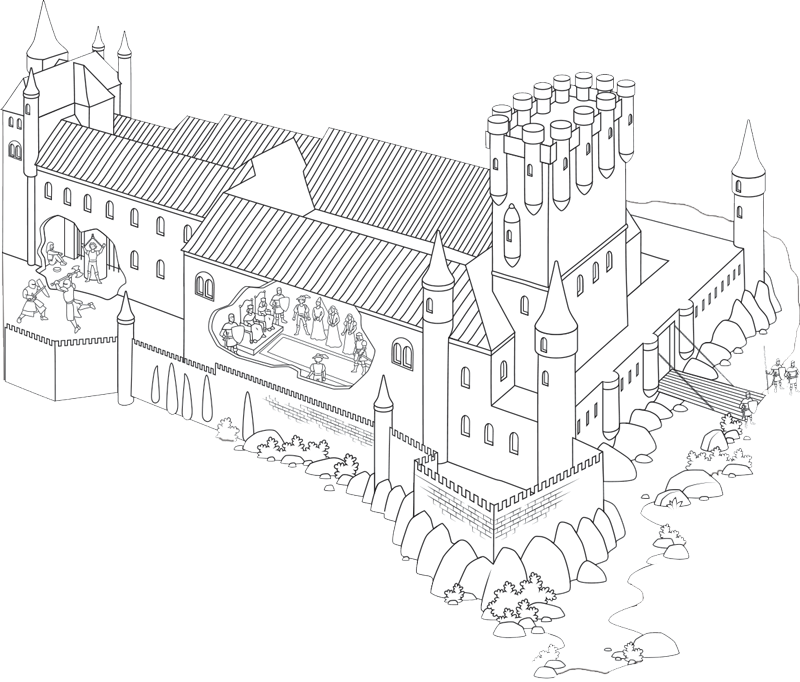Ilustración de un castillo medieval en el mapa para colorear de la Edad media.