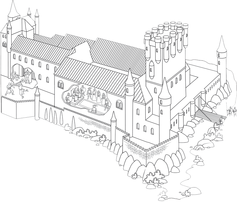 Illustration of a medieval castle on the colouring map of the Middle Ages.