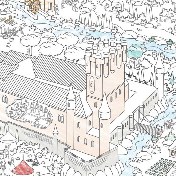 Illustration of a medieval Alcazar castle on the colouring map of the Middle Ages.