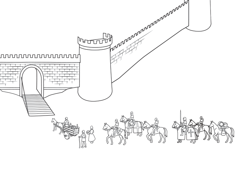 Illustration of a fiefdom, with the knights entering the walls.