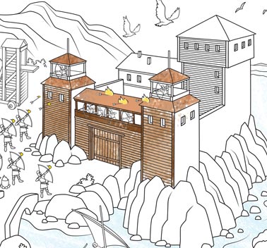 Illustration of a wooden castle from the Middle Ages, attacked with flaming arrows.