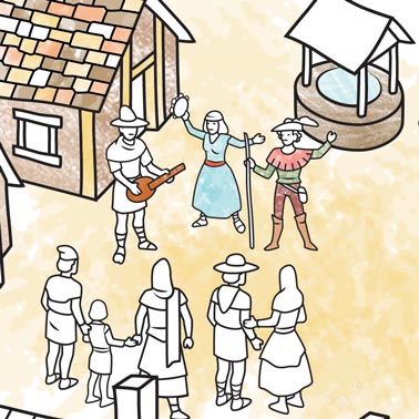 Illustration of the medieval minstrels on the colouring map of the Middle Ages.
