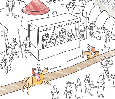 Illustration of a medieval joust with 2 knights on horseback fighting. 