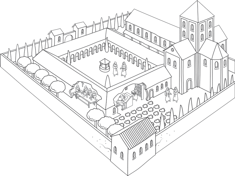 Illustration of a monastery in the Middle Ages, with its library.