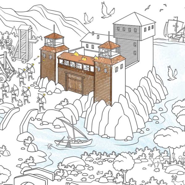Illustration of a wooden castle from the Middle Ages, attacked with flaming arrows.