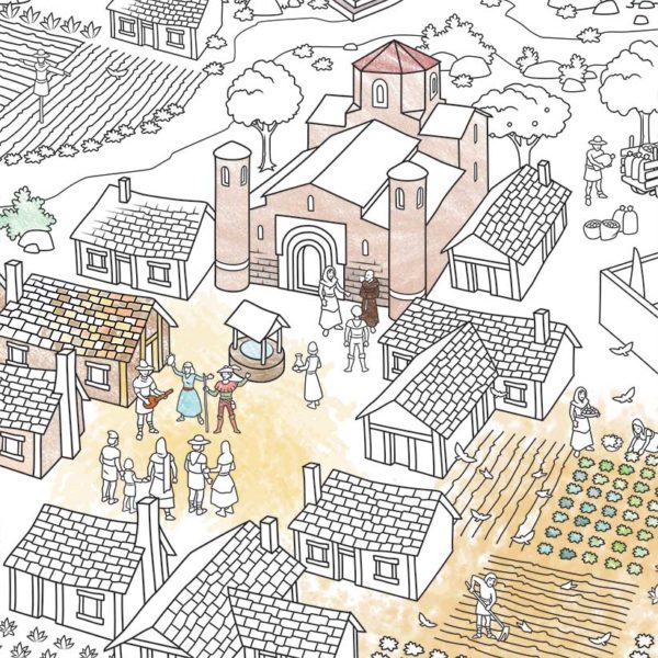 Illustration of the medieval minstrels on the colouring map of the Middle Ages.